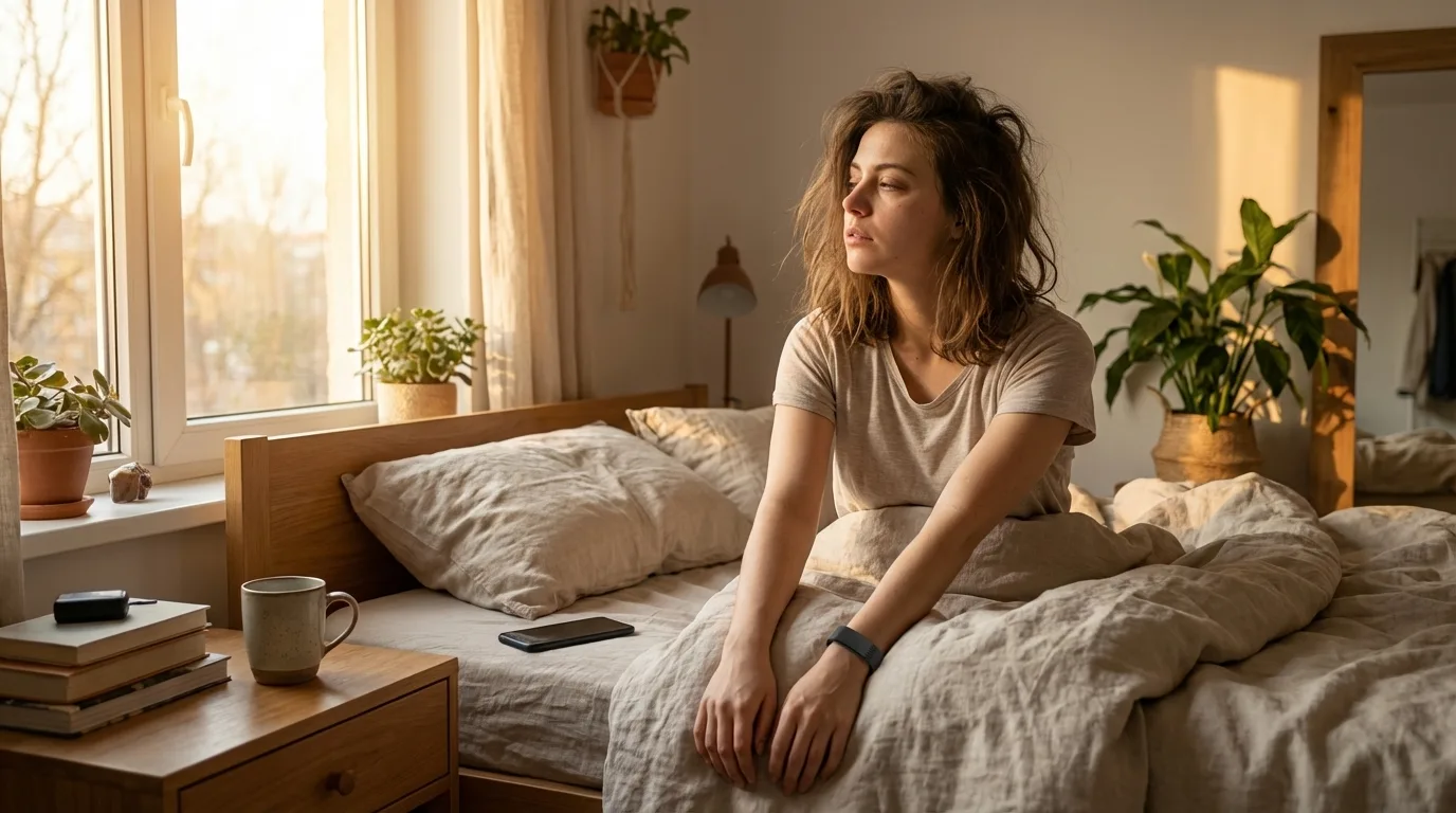 Calm sunrise wake-up scene with wearable vibration alarm